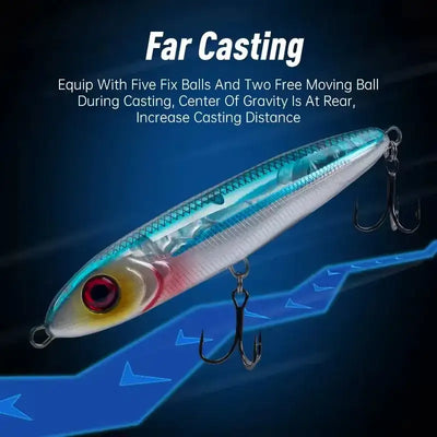 Leydun ministre jack sinking pencil lure 80mm 14g in translucent blue silver with red eye and three treble hooks