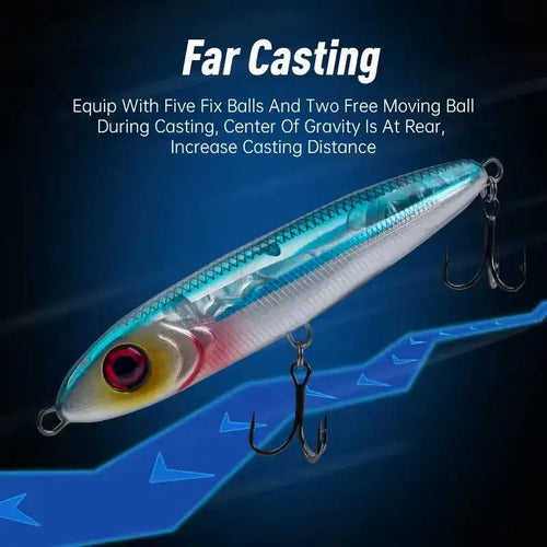 Leydun ministre jack sinking pencil lure 80mm 14g in translucent blue silver with red eye and three treble hooks