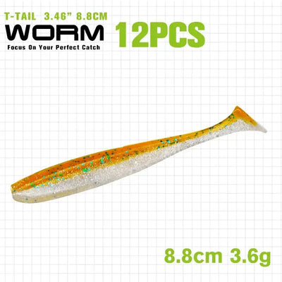 Orange-and-silver glitter T-tail soft plastic shad lure, 8.8 cm
