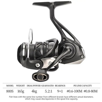 Spinning fishing reel with black body, silver spool, and handle, front-left angle.