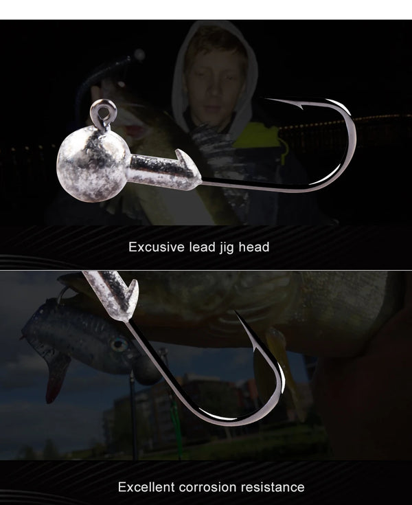 Round ball jig head with curved hook, speckled silver ball