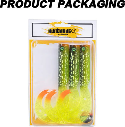 Blister pack with three green speckled soft fishing lures and orange accent heads.