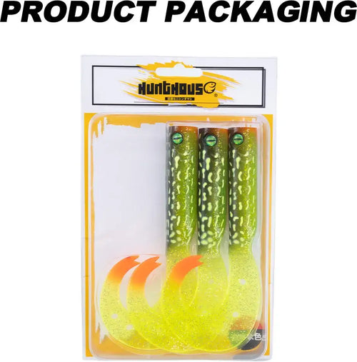 Blister pack with three green speckled soft fishing lures and orange accent heads.