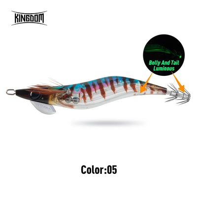Kingdom Far squid jig lure, dark body with teal stripes and luminous belly and tail