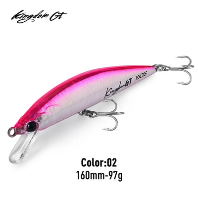 Saltwater sinking minnow lure, pink and white body with three treble hooks