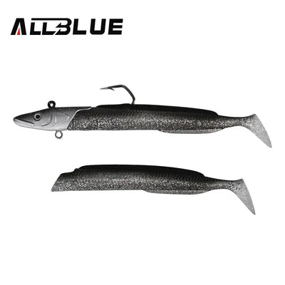 Soft paddle tail fishing lure in dark gray/silver with open hook and lure body.