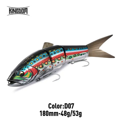 Multi-jointed hard fishing lure, white and gray striped with teal and orange accents, brown tail