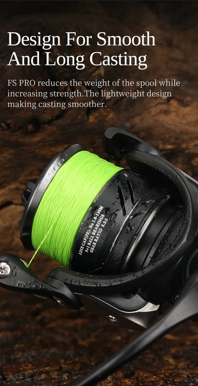 Black spinning reel with green braided line on a shallow spool, close-up