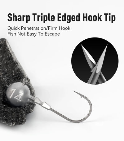 Sharp triple-edge lead head hook tip with close-up view of the triple-point hook