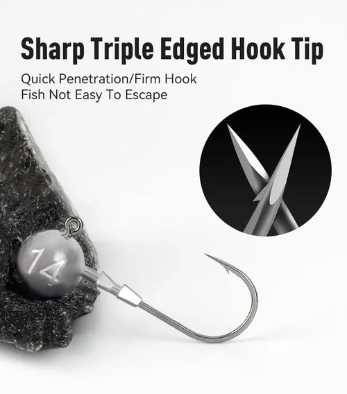 Sharp triple-edge lead head hook tip with close-up view of the triple-point hook