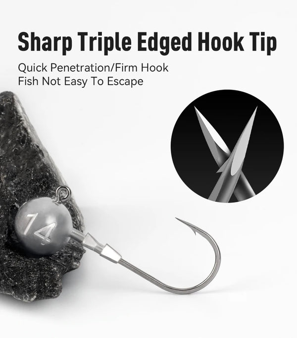 Sharp triple-edge lead head hook tip with close-up view of the triple-point hook