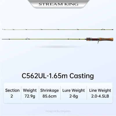 Ultralight casting fishing rod, 1.65m, carbon rod with cork handle and line guides