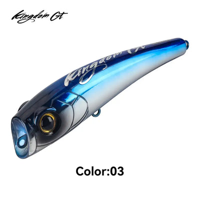 Blue and silver topwater popper lure with large round eye