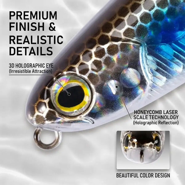 Close-up of silver-blue pencil lure head with yellow eye and holographic finish