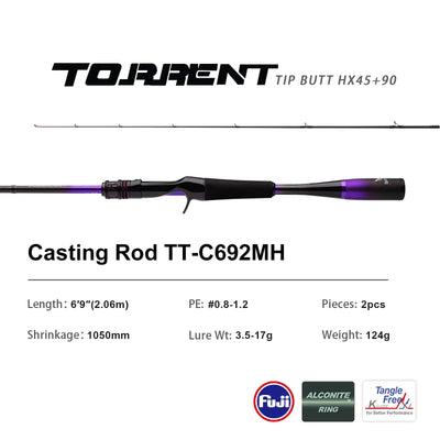 Casting fishing rod TT-C692MH with black grip and purple shaft section