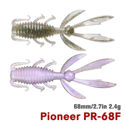 White and lavender glitter soft silicone shrimp lure with long claws and twin tail fins