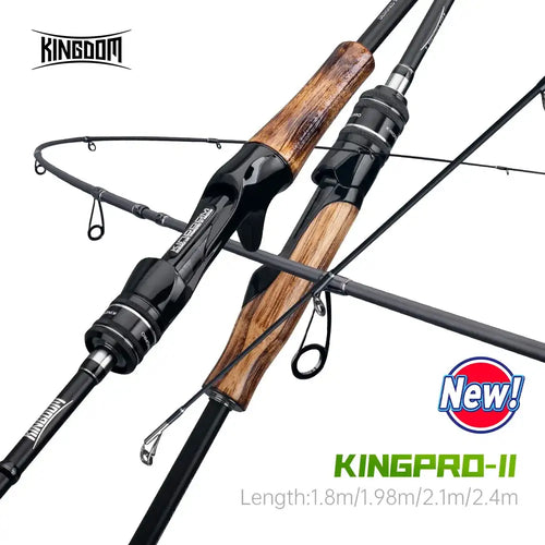 Fishing lure rod with black carbon shaft and natural wood handle, line guides attached