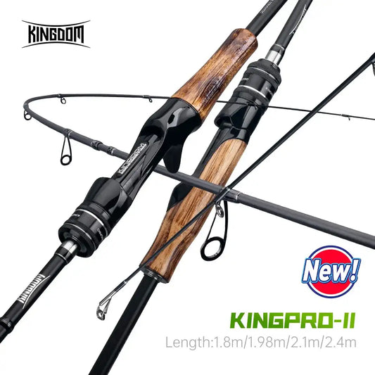 Fishing lure rod with black carbon shaft and natural wood handle, line guides attached