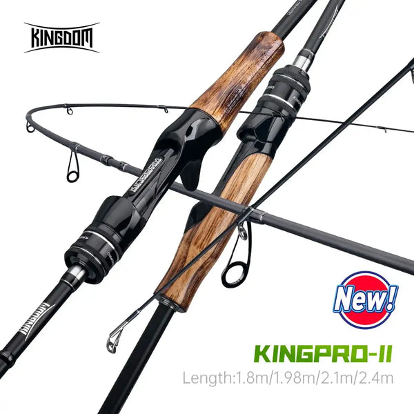 Fishing lure rod with black carbon shaft and natural wood handle, line guides attached