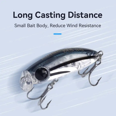 Close-up micro minnow hard lure, blue-silver body with two treble hooks