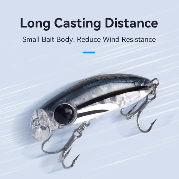 Close-up micro minnow hard lure, blue-silver body with two treble hooks