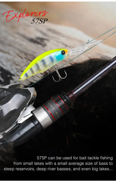 Suspending minnow hard body fishing lure, neon yellow-green with teal-blue stripe.
