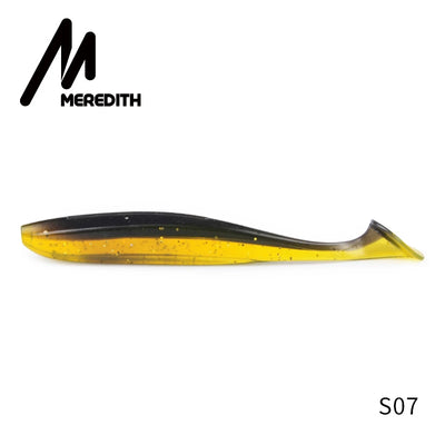 Silicone fishing lure, yellow and black shiner with speckles, soft T-tail, 10cm