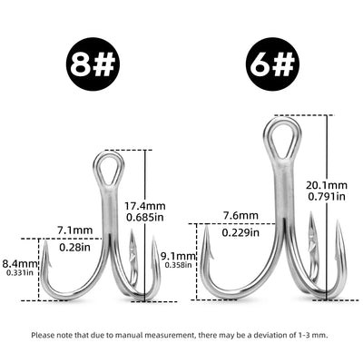 Size chart for treble fishing hooks: 8# and 6# with closed-eye curved design