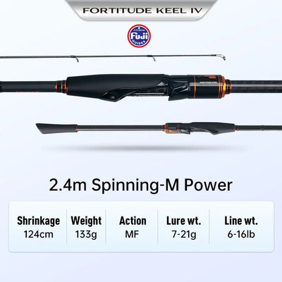 2.4m spinning M power fishing rod, black blank with orange accents and Fuji badge