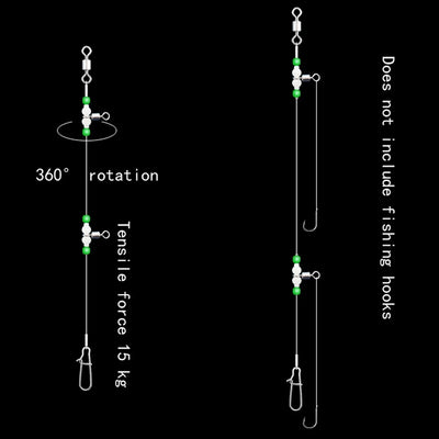 Fishing leader rig diagram showing 360° rotation and two swivel hook lengths