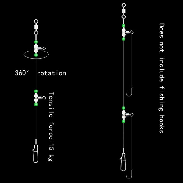 Fishing leader rig diagram showing 360° rotation and two swivel hook lengths