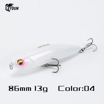 LeyDun Z-Claw floating pencil stickbait in translucent white with glowing pink eye and three BKK treble hooks