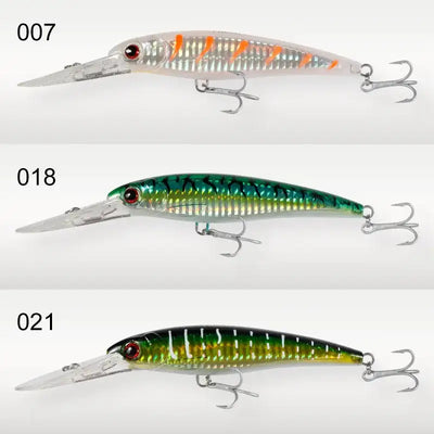 Saltwater trolling minnow wobbler set of three: orange-white, green, and dark green