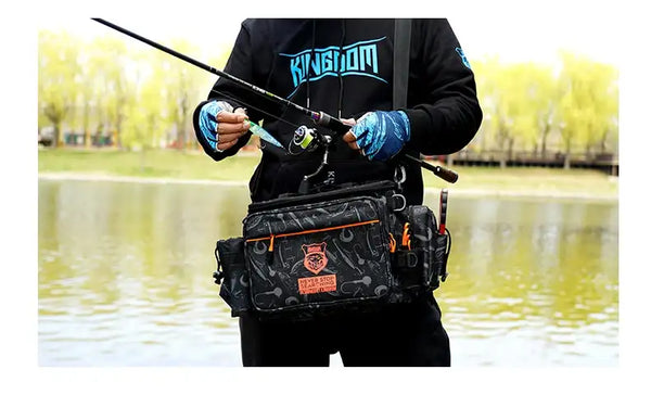Black multifunctional fishing tackle bag worn on a belt with front storage pockets