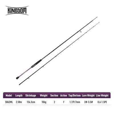 KINGDOM squid fishing rod model S862ML with purple shaft and spec table