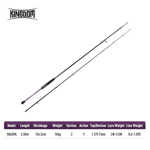 KINGDOM squid fishing rod model S862ML with purple shaft and spec table