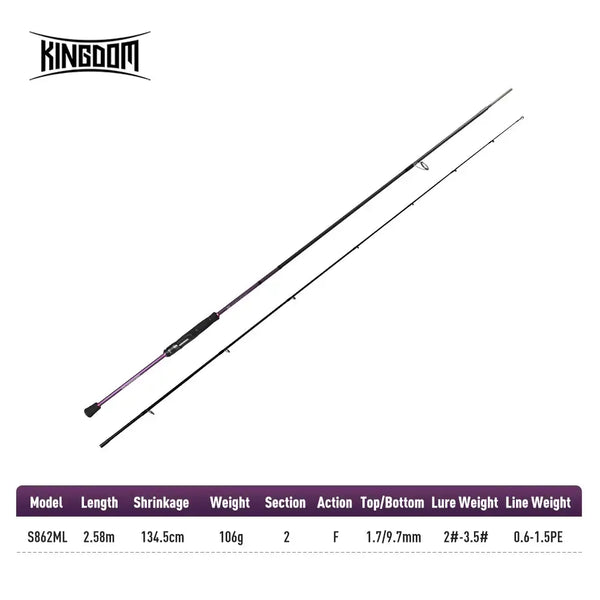 KINGDOM squid fishing rod model S862ML with purple shaft and spec table