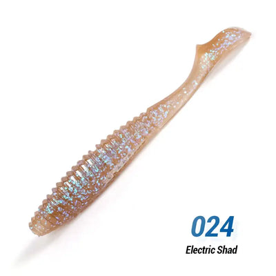 Light tan glitter soft silicone swimbait lure with sparkling ribbed body and split tail.