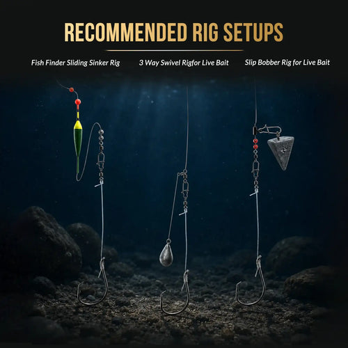 Catfish fishing hook rig setups with swivels, sinker weights, and leader lines