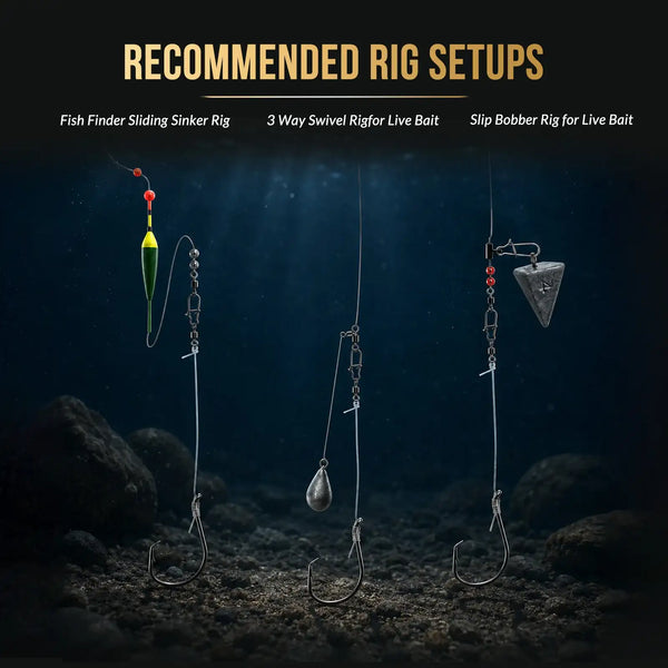 Catfish fishing hook rig setups with swivels, sinker weights, and leader lines