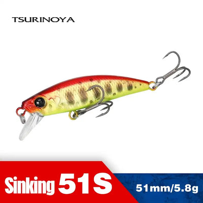 TSURINOYA Intruder 51S sinking minnow fishing lure, red and chartreuse with treble hooks