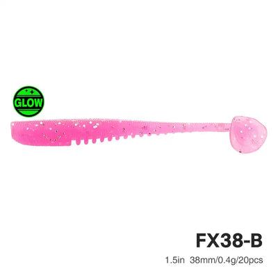 Soft plastic fishing lure, pink glitter body with round grub tail