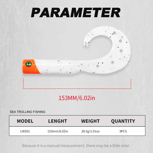 White soft fishing lure with orange head and black speckled tail, single trailer.