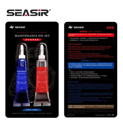 SEASIR maintenance oil set pack showing two tubes: blue solid grease and red/pink liquid
