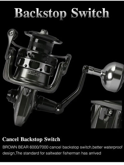 Black spinning reel with backstop switch mechanism and curved crank arm