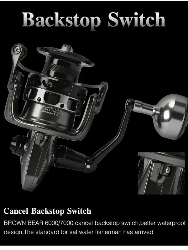 Black spinning reel with backstop switch mechanism and curved crank arm