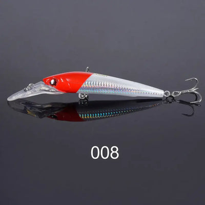 Trolling minnow fishing lure, red head with silver body, red eye, clear lip, 2 treble hooks