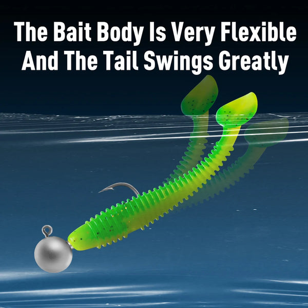 Neon green T-tail soft plastic fishing lure with silver jig head and swinging tail