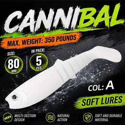 Meredith paddle tail swimbait set, 5-pack, 80mm: white body with rounded paddle tail.