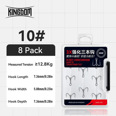 10# treble hook 8-pack, 3X corrosion-resistant hooks on retail card